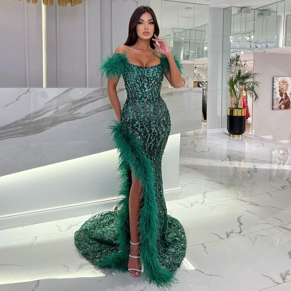 Green Mermaid Sexy High Split Luxury Beaded Feather Evening Dresses  Gowns 2025 For Woman Wedding Party LA72043