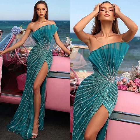 Green Mermaid Sexy High Split Off Shoulder Beaded Luxury Dubai Evening Dresses Gowns 2025 For Women Party LA72049