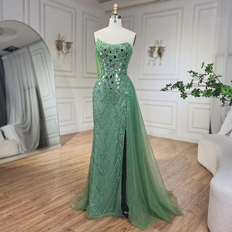Green Mermaid Spaghetti Straps High Split Beaded Sequined Evening Dresses Gowns 2025 For Women Party LA72212