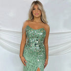 Green Mermaid Spaghetti Straps High Split Beaded Sequined Evening Dresses Gowns 2025 For Women Party LA72212