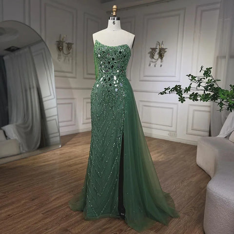 Green Mermaid Spaghetti Straps High Split Beaded Sequined Evening Dresses Gowns 2025 For Women Party LA72212