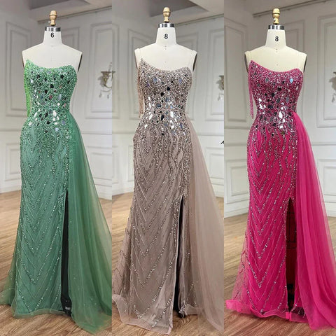 Green Mermaid Spaghetti Straps High Split Beaded Sequined Evening Dresses Gowns 2025 For Women Party LA72212