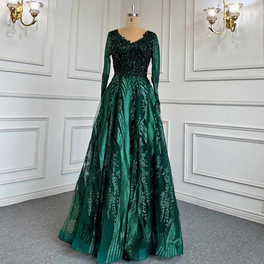 Green Muslim A-Line Sweetheart Evening Dresses Long Arm Gowns Luxury Beaded 2025 For Women Party LA71704
