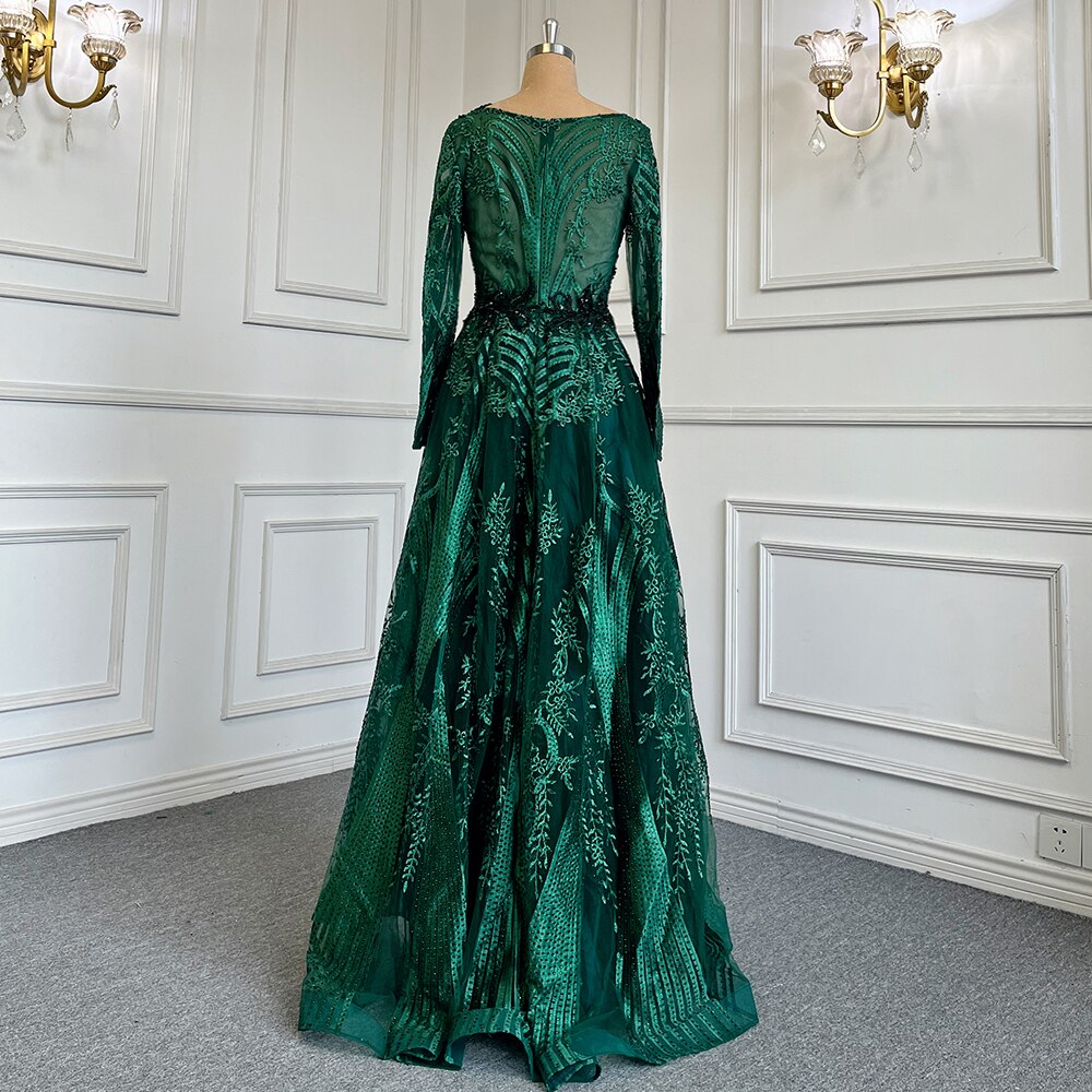 Green Muslim A-Line Sweetheart Evening Dresses Long Arm Gowns Luxury Beaded 2025 For Women Party LA71704