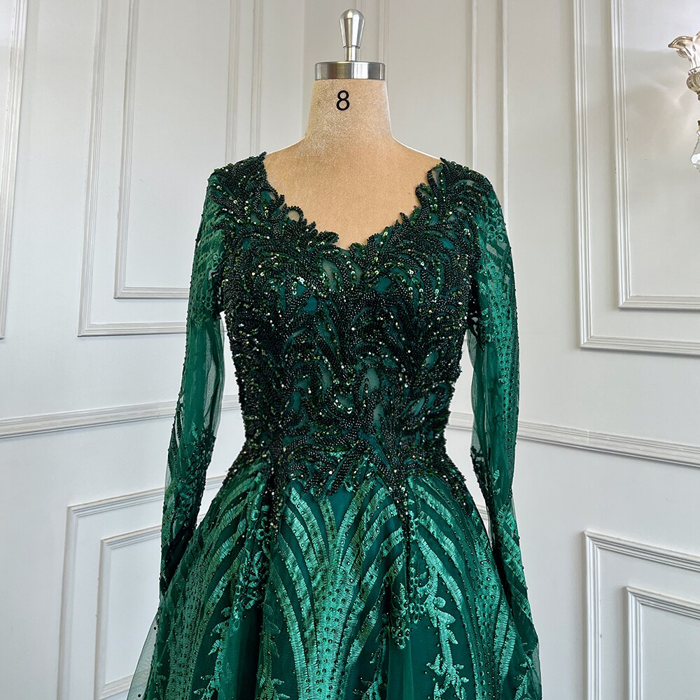 Green Muslim A-Line Sweetheart Evening Dresses Long Arm Gowns Luxury Beaded 2025 For Women Party LA71704
