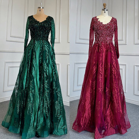 Green Muslim A-Line Sweetheart Evening Dresses Long Arm Gowns Luxury Beaded 2025 For Women Party LA71704