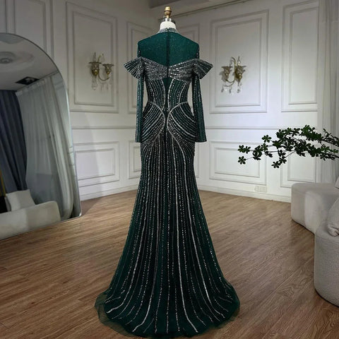 Green Muslim Elegant Mermaid Beaded Luxury Dubai Evening Dresses Gowns for Woman Wedding Party 2025 LA72547