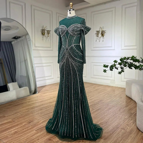 Green Muslim Elegant Mermaid Beaded Luxury Dubai Evening Dresses Gowns for Woman Wedding Party 2025 LA72547