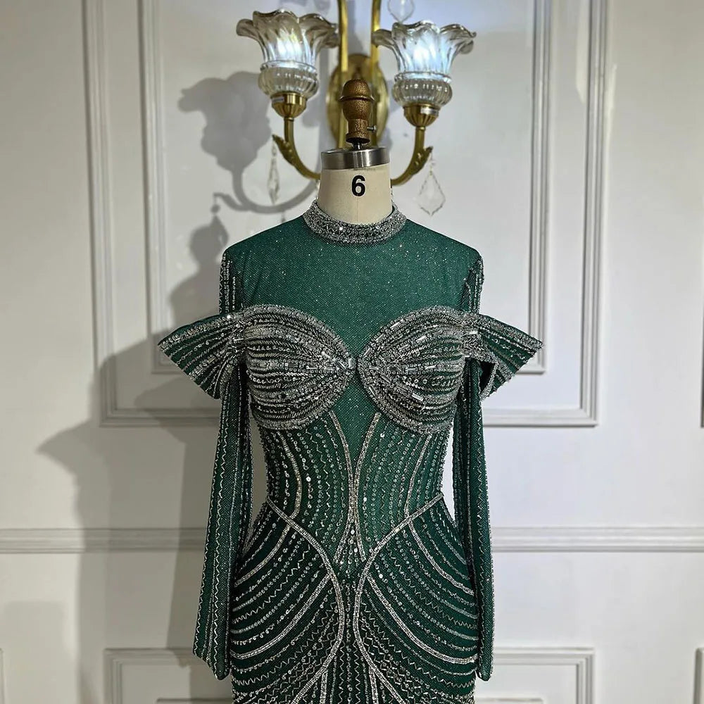 Green Muslim Elegant Mermaid Beaded Luxury Dubai Evening Dresses Gowns for Woman Wedding Party 2025 LA72547