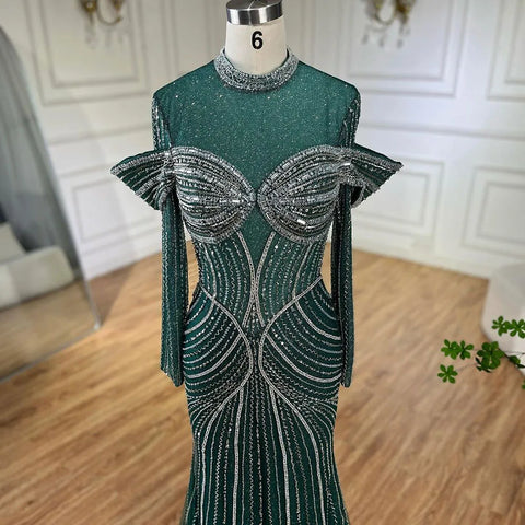 Green Muslim Elegant Mermaid Beaded Luxury Dubai Evening Dresses Gowns for Woman Wedding Party 2025 LA72547