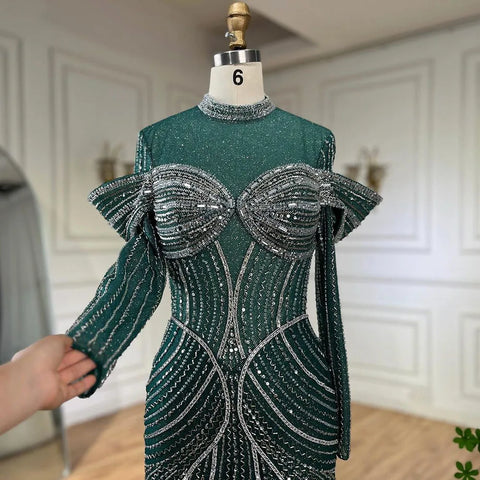 Green Muslim Elegant Mermaid Beaded Luxury Dubai Evening Dresses Gowns for Woman Wedding Party 2025 LA72547