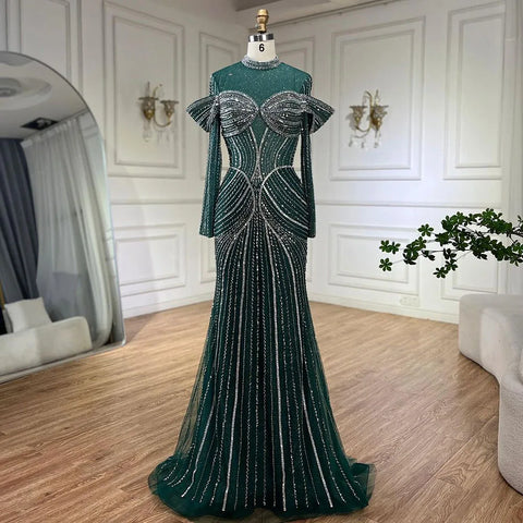 Green Muslim Elegant Mermaid Beaded Luxury Dubai Evening Dresses Gowns for Woman Wedding Party 2025 LA72547