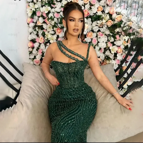 Green One Shoulder Mermaid Elegant Beaded Luxury Red Evening Dress Gown for Women's Wedding Party 2025 LA72340