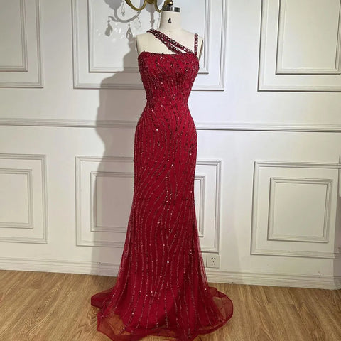 Green One Shoulder Mermaid Elegant Beaded Luxury Red Evening Dress Gown for Women's Wedding Party 2025 LA72340