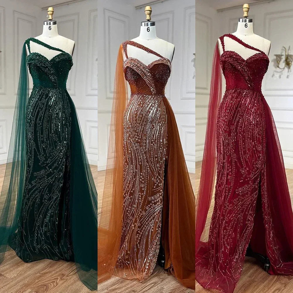 Green One Shoulder Mermaid Evening Dresses with Cape Overskirt Women Wedding Party Long  Formal Gowns LA72472