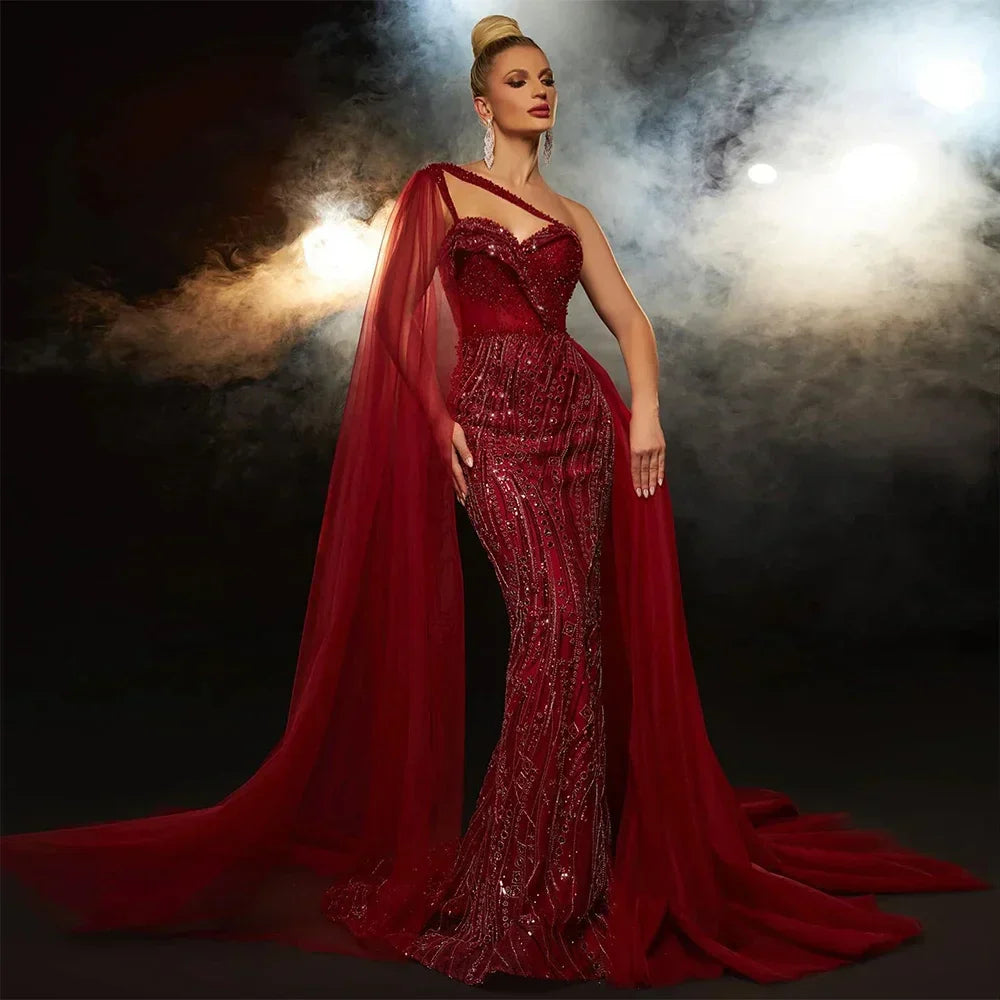 Green One Shoulder Mermaid Evening Dresses with Cape Overskirt Women Wedding Party Long  Formal Gowns LA72472