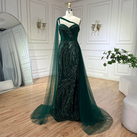 Green One Shoulder Mermaid Evening Dresses with Cape Overskirt Women Wedding Party Long  Formal Gowns LA72472