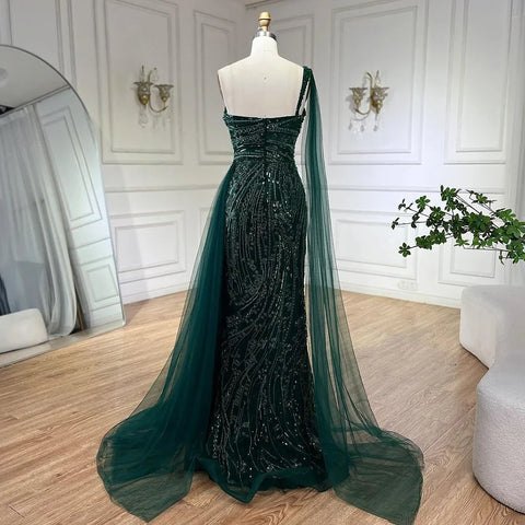 Green One Shoulder Mermaid Evening Dresses with Cape Overskirt Women Wedding Party Long  Formal Gowns LA72472
