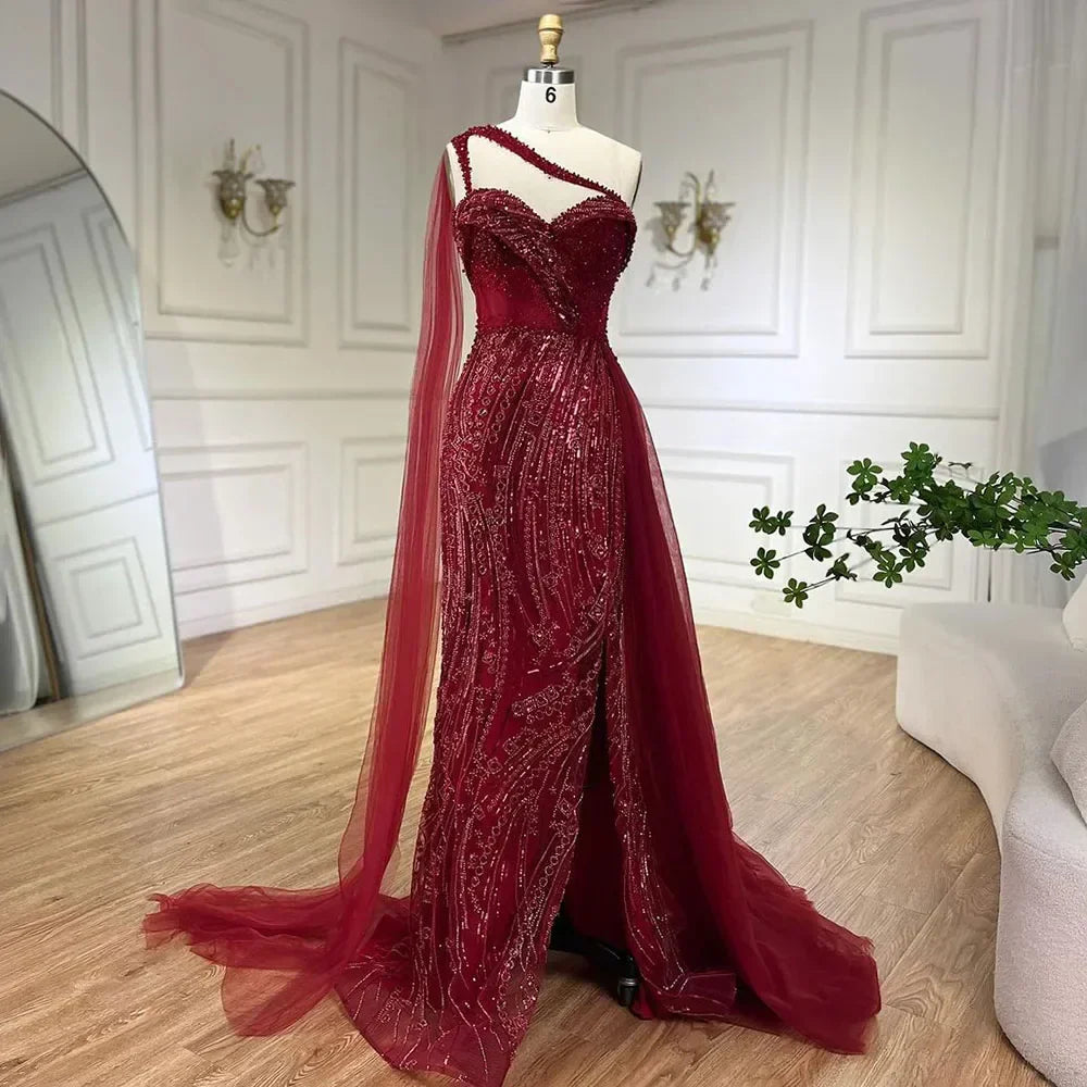 Green One Shoulder Mermaid Evening Dresses with Cape Overskirt Women Wedding Party Long  Formal Gowns LA72472