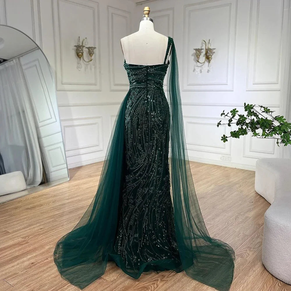 Green One Shoulder Mermaid Evening Dresses with Cape Overskirt Women Wedding Party Long Prom Formal Gowns LA72472