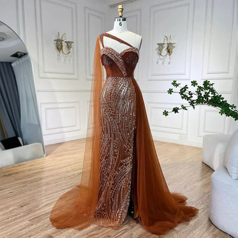 Green One Shoulder Mermaid Evening Dresses with Cape Overskirt Women Wedding Party Long  Formal Gowns LA72472