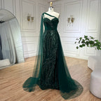 Green One Shoulder Mermaid Evening Dresses with Cape Overskirt Women Wedding Party Long Prom Formal Gowns LA72472