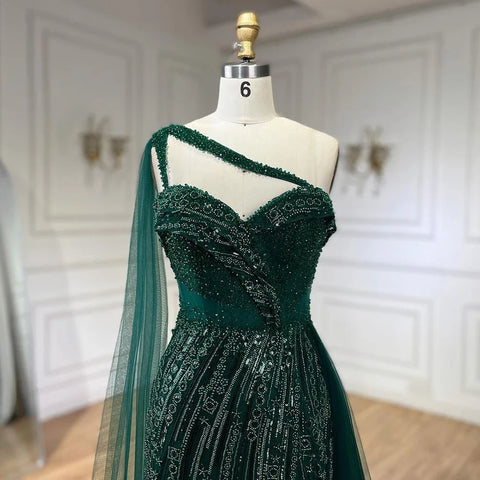 Green One Shoulder Mermaid Evening Dresses with Cape Overskirt Women Wedding Party Long Prom Formal Gowns LA72472