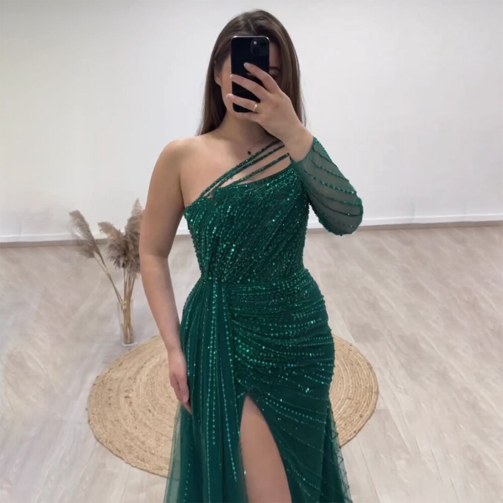 On Sale no return no refund Green One Shoulder Mermaid Split Open Evening Dresses Beaded Sexy Party Gowns 2025 For Women LA72046