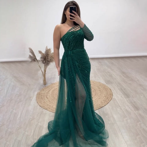 Robe de soirée sirène verte asymétrique, asymétrique, fendue, ouverte, avec perles, sexy, en solde, 2025, pour femmes, LA72046 