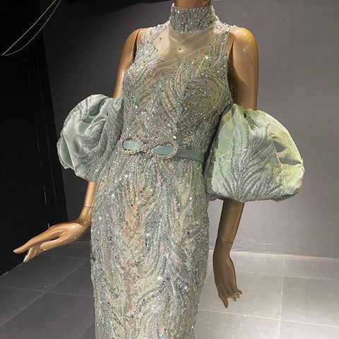 Green Puff Sleeve Evening Dresses Gowns 2025 Beaded Mermaid Luxury Elegant For Women Party LA71537