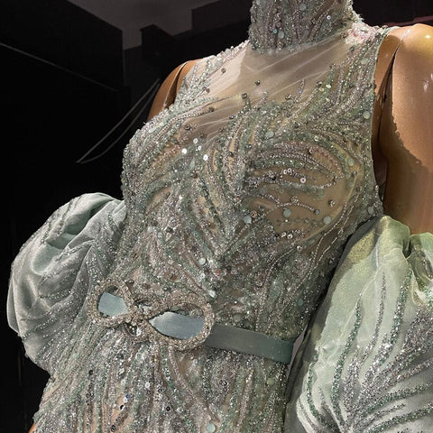 Green Puff Sleeve Evening Dresses Gowns 2025 Beaded Mermaid Luxury Elegant For Women Party LA71537