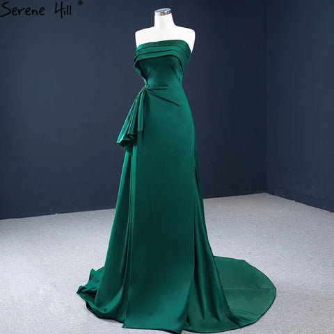 Green Satin A-Line Evening Gowns 2025 Beading Sleeveless Sexy Formal Dress Design HM67203