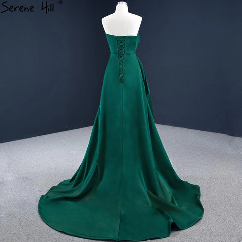 Green Satin A-Line Evening Gowns 2025 Beading Sleeveless Sexy Formal Dress Design HM67203