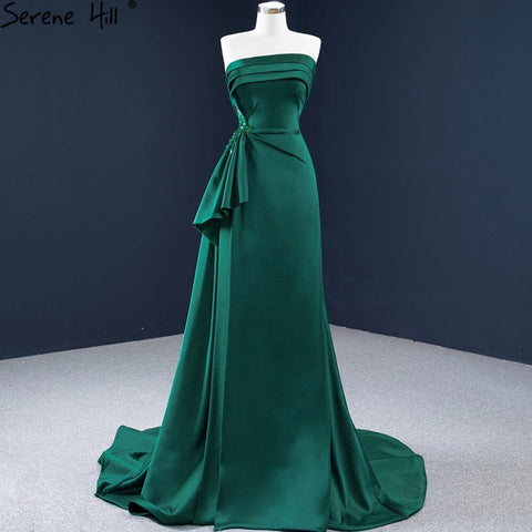 Green Satin A-Line Evening Gowns 2025 Beading Sleeveless Sexy Formal Dress Design HM67203