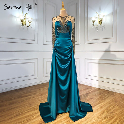 Green Satin Evening Dresses Gowns 2025 A-Line Beaded Sexy For Woman Wedding Party LA71067