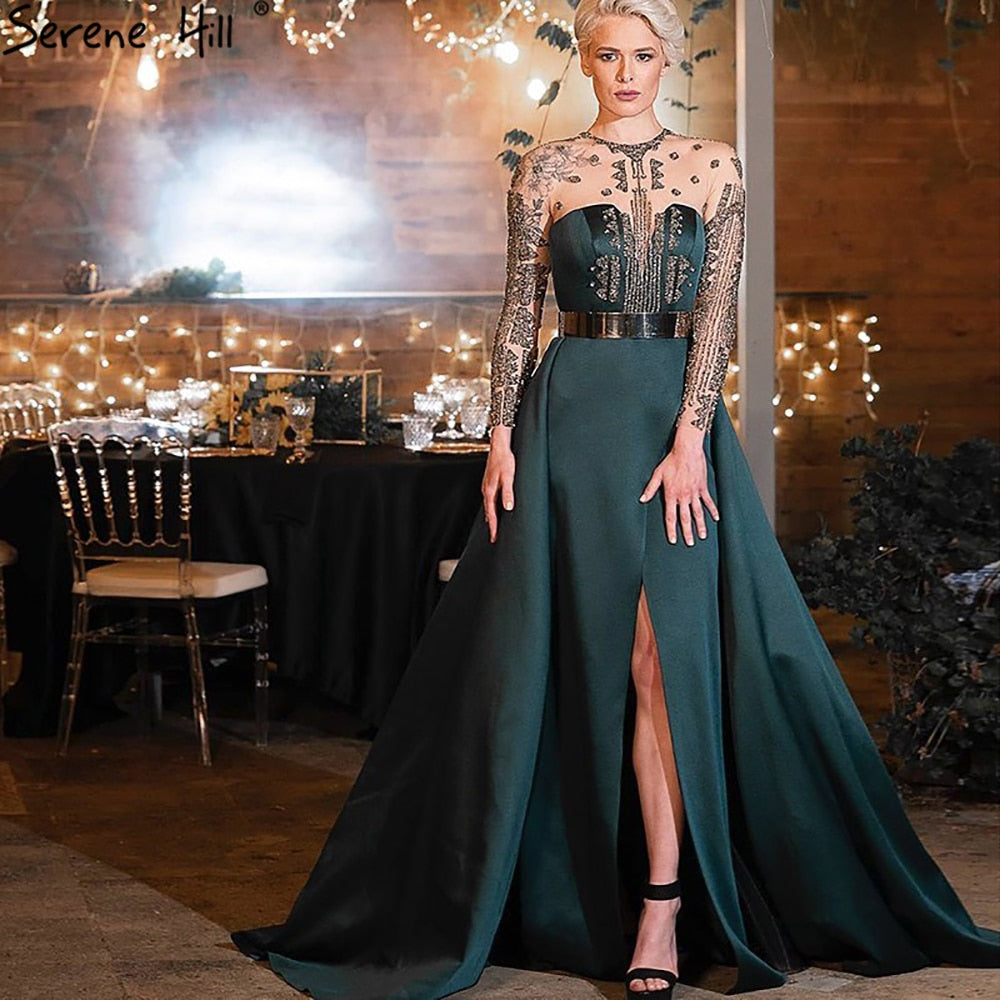 Green Satin Split Evening Dresses Gowns 2025 A-Line Beaded Sexy For Woman Wedding Party LA71067