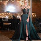 Green Satin Split Evening Dresses Gowns 2025 A-Line Beaded Sexy For Woman Wedding Party LA71067