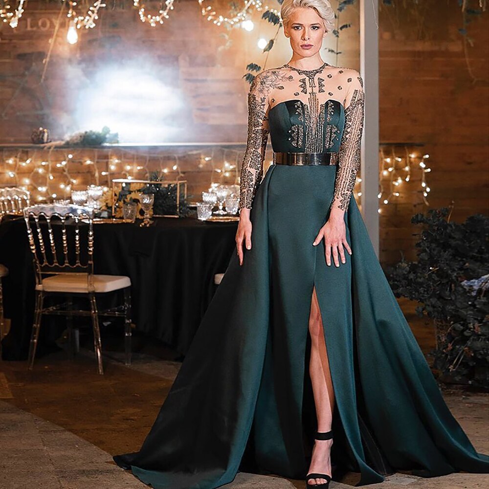 Green Satin Split Evening Dresses Gowns 2025 A-Line Beaded Sexy For Woman Wedding Party LA71067