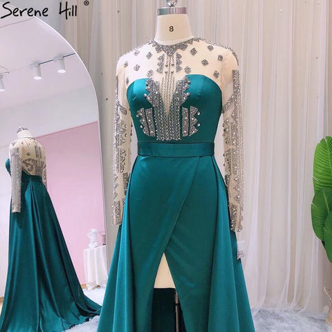 Green Satin Split Evening Dresses Gowns 2025 A-Line Beaded Sexy For Woman Wedding Party LA71067