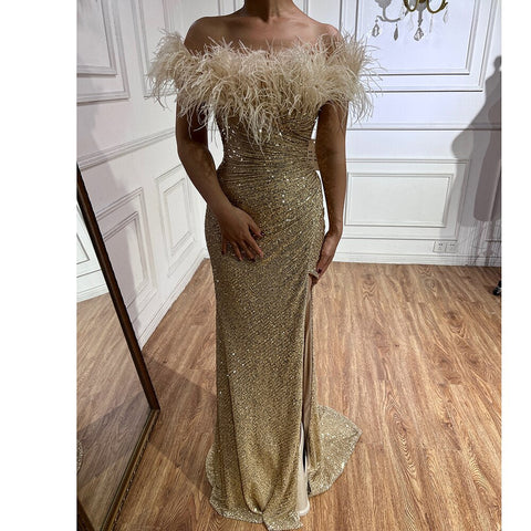 Green Sexy Mermaid High Split Feathers Formal Luxury Evening Dresses Gowns For Women Wedding Party 2025 LA71848