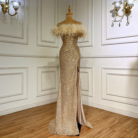 Green Sexy Mermaid High Split Feathers Formal Luxury Evening Dresses Gowns For Women Wedding Party 2025 LA71848