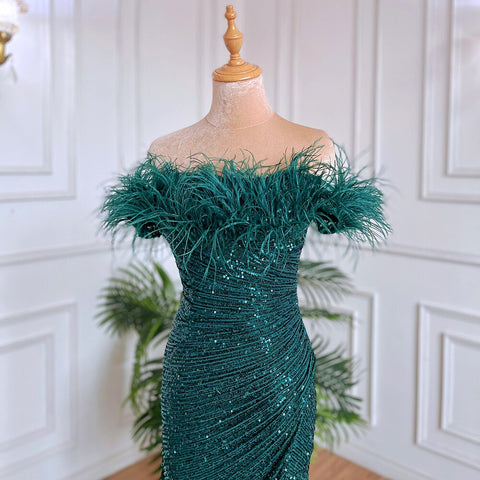 Green Sexy Mermaid High Split Feathers Formal Luxury Evening Dresses Gowns For Women Wedding Party 2025 LA71848
