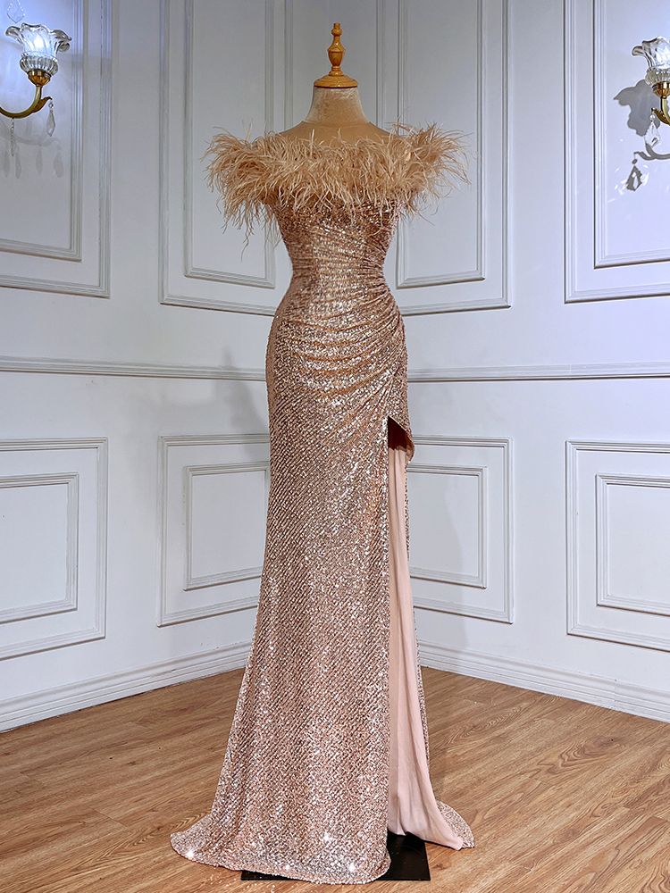Green Sexy Mermaid High Split Feathers Formal Luxury Evening Dresses Gowns For Women Wedding Party 2025 LA71848