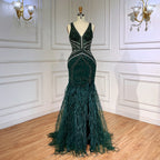 Green Sexy Mermaid Split Feathers Beaded Formal Arabic Luxury Prom Dress For Women Party 2025 LA71845