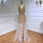 Green Sexy Mermaid Split Feathers Beaded Formal Arabic Luxury Prom Dress For Women Party 2025 LA71845