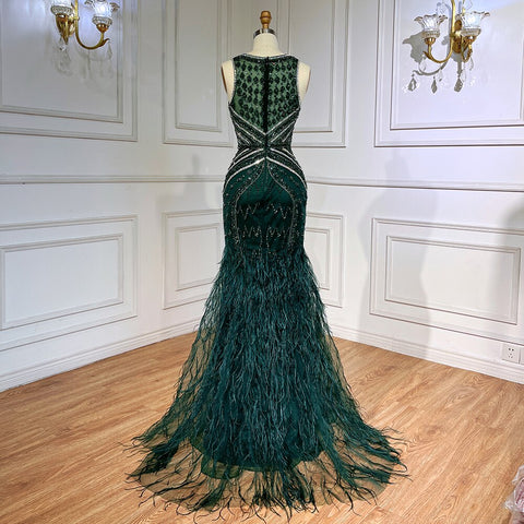 Green Sexy Mermaid Split Feathers Beaded Formal Arabic Luxury Prom Dress For Women Party 2025 LA71845