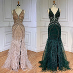 Green Sexy Mermaid Split Feathers Beaded Formal Arabic Luxury Prom Dress For Women Party 2025 LA71845
