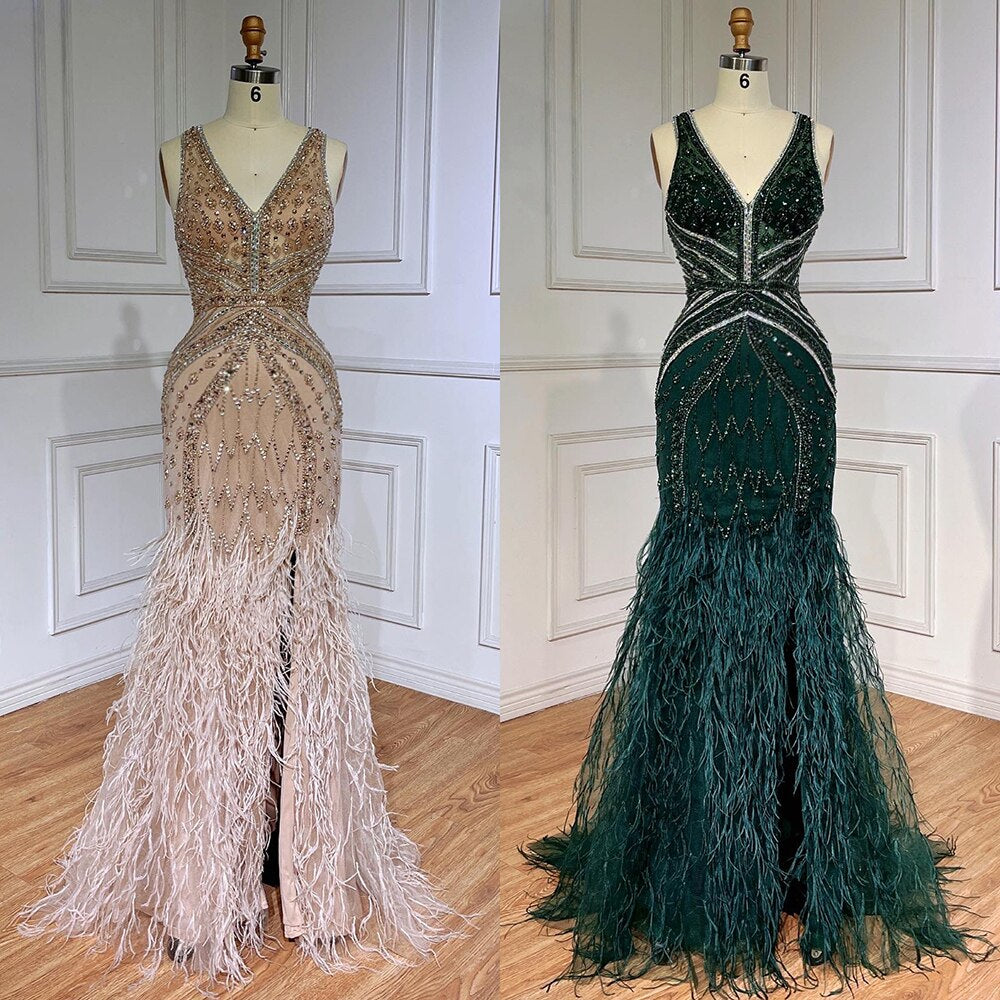 Green Sexy Mermaid Split Feathers Beaded Formal Arabic Luxury Prom Dress For Women Party 2025 LA71845