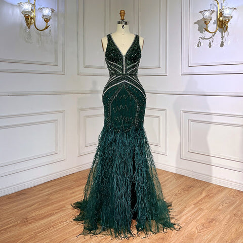 Green Sexy Mermaid Split Feathers Beaded Formal Arabic Luxury Prom Dress For Women Party 2025 LA71845