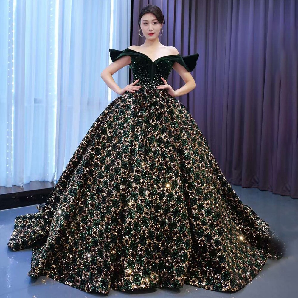 Green Sexy Off Shoulder Luxury Sparkle Sequins Beaded Bride Gowns Wedding Dress 2025 High End Custom Made HM67477